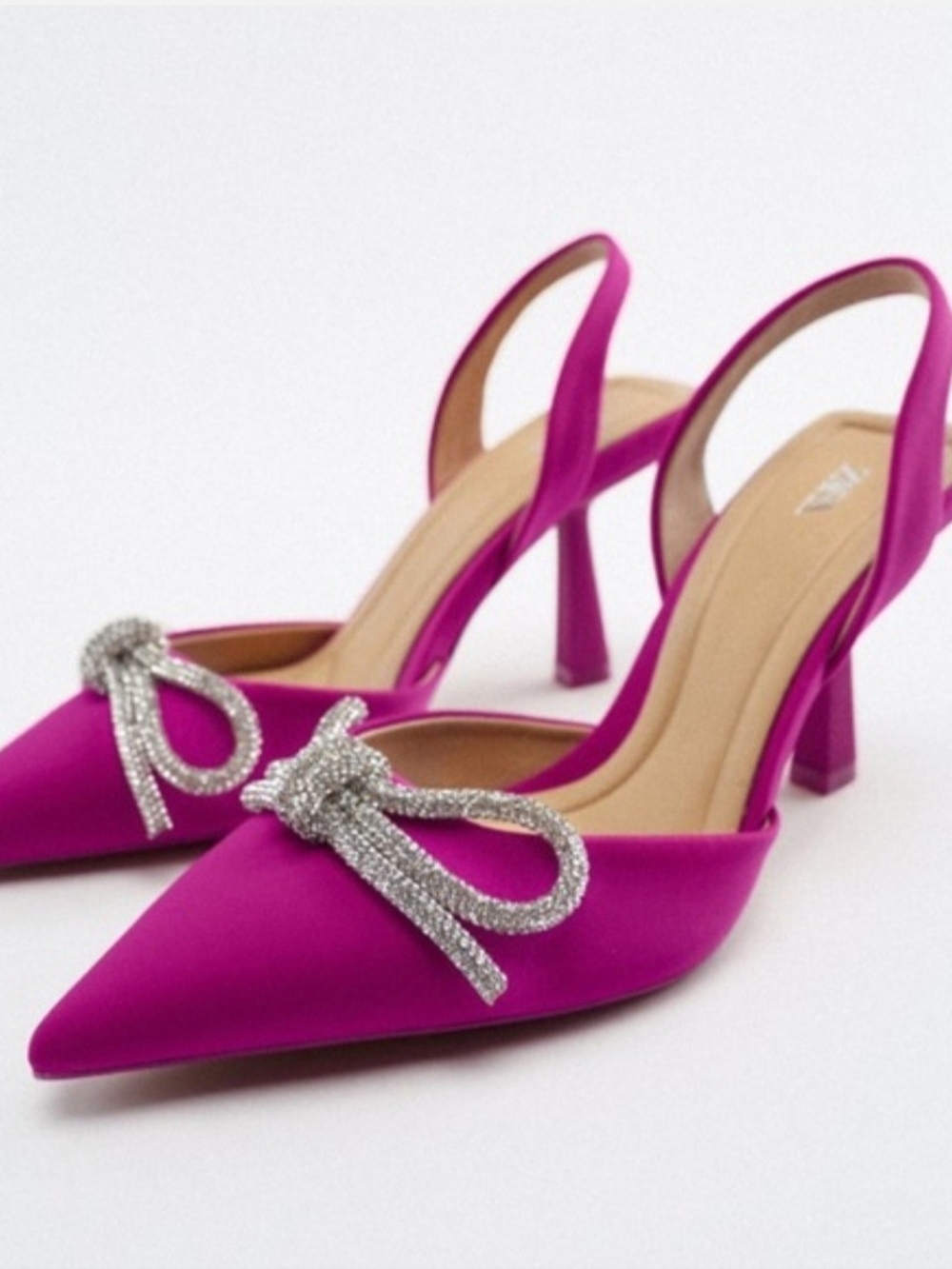 Zara Hot Pink Slingback Pointed Toe Flats with Crystal Bow - Picture 3 of 7